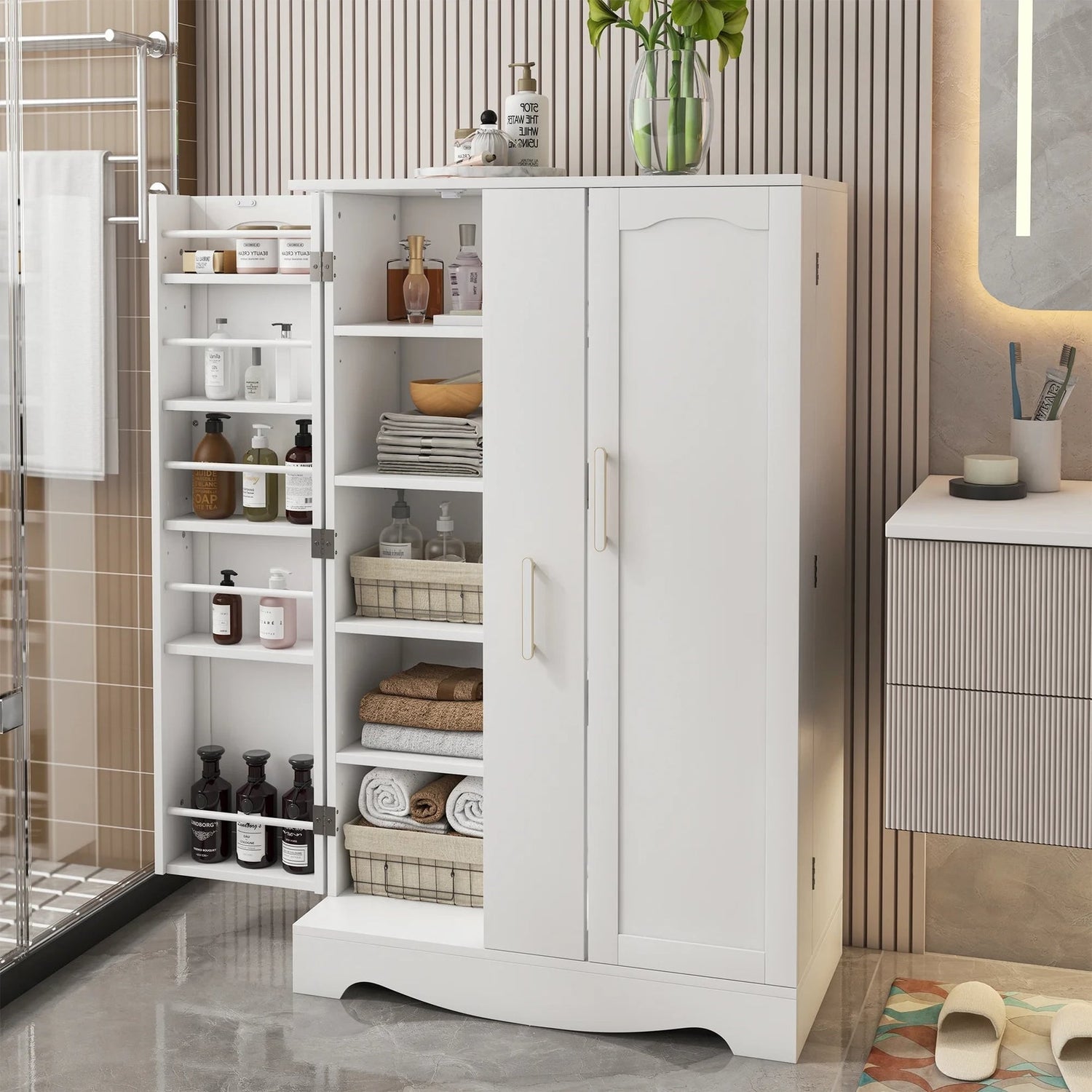 🔥 מבצע השקה לזמן מוגבל🔥מבצע חם🌟ארון אחסון למזווה 📦 | עם מגירה ומדפים מתכווננים 🔧 | מארגן מטבח לבן 🧺